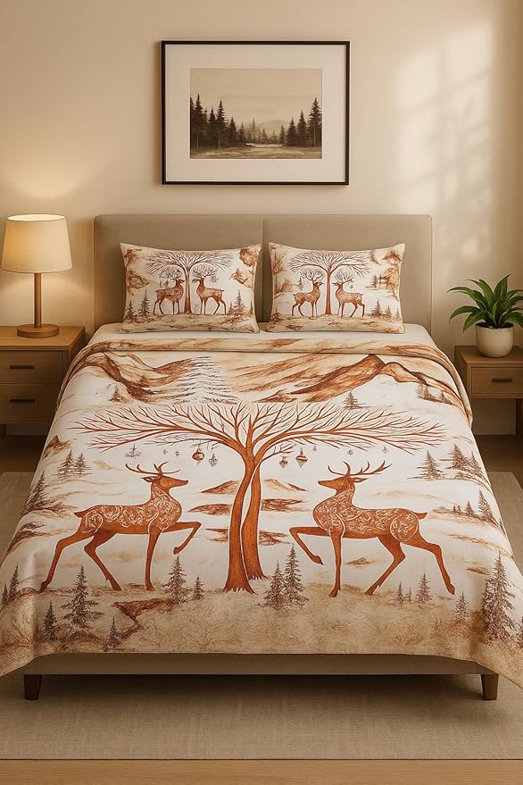 Add a Touch of Nature: Forest Print Pure Cotton Bedding Set. Brown and white deer forest print bedsheet with matching pillow covers in a modern bedroom.
