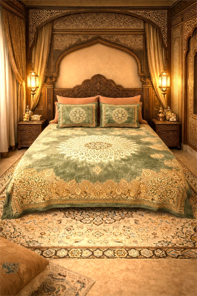 Elevate Your Bedroom with Our Best-Selling Green Mandala Diwan Set. Sage green and gold ornate mandala print bedsheet in a traditional Indian bedroom with warm lighting.