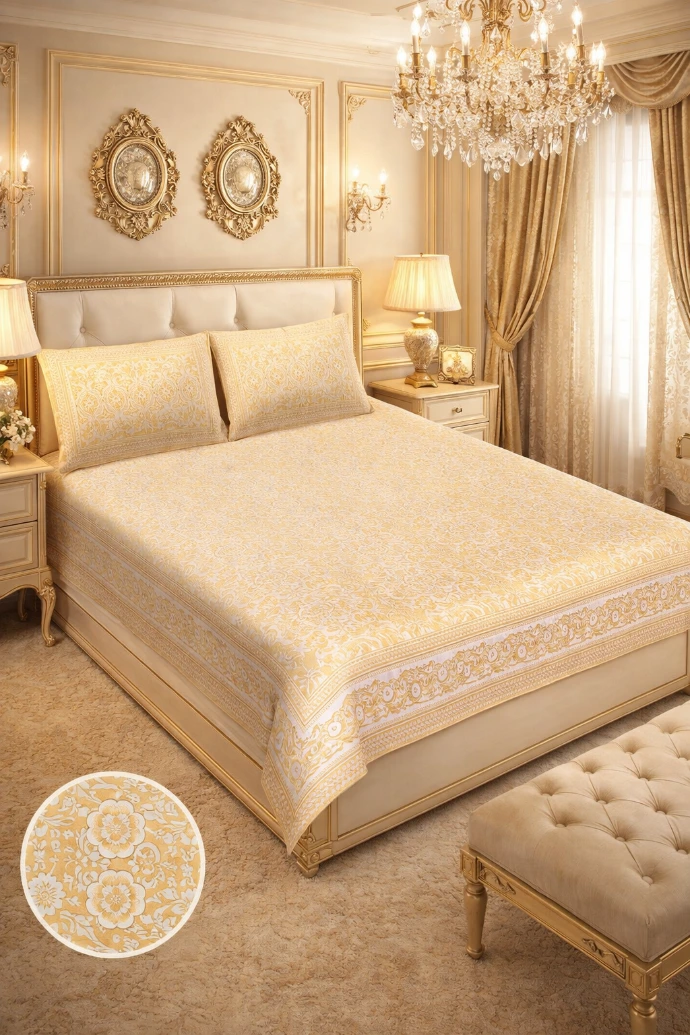 Discover Luxury Comfort: DHRUVINSRI Gold Floral Double Bedsheets. Cream and gold premium cotton double bedsheet with elegant floral border in a luxury bedroom.