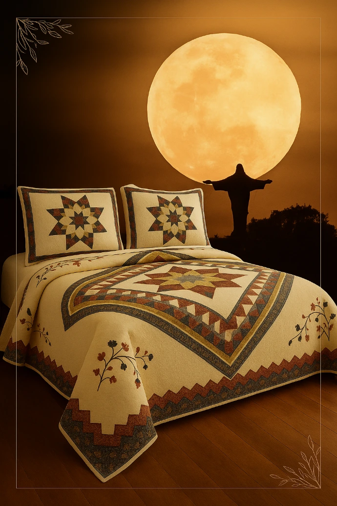 Shop Hand-Stitched Star Pattern Quilts - Traditional Rajasthani Craft. Handcrafted golden ethnic double bedsheet with traditional Indian patterns.